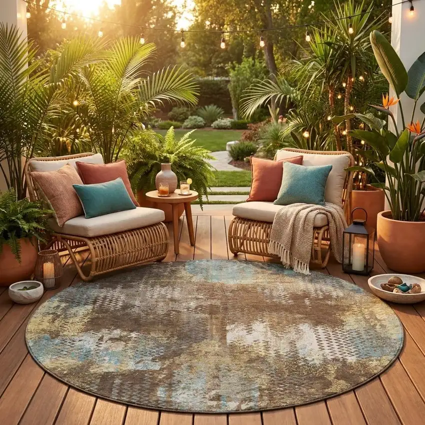 8' Brown And Coffee Round Abstract Washable Indoor Outdoor Area Rug Photo 1