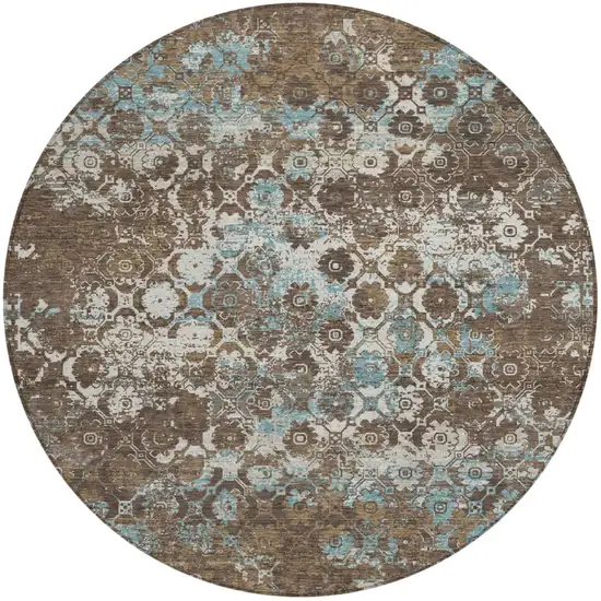 8' Brown And Coffee Round Floral Medallion Washable Indoor Outdoor Area Rug Photo 2