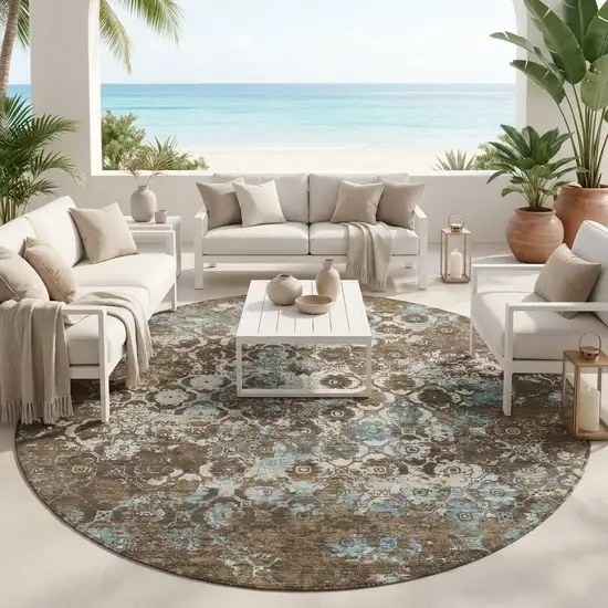 8' Brown And Coffee Round Floral Medallion Washable Indoor Outdoor Area Rug Photo 1