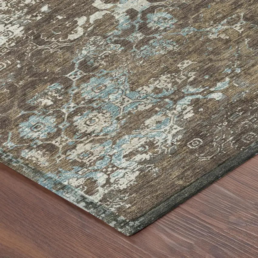 8' Brown And Coffee Round Floral Medallion Washable Indoor Outdoor Area Rug Photo 3