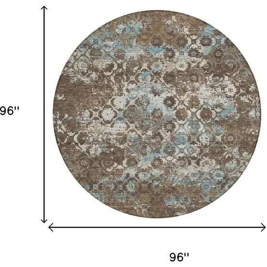 8' Brown And Coffee Round Floral Medallion Washable Indoor Outdoor Area Rug Photo 5