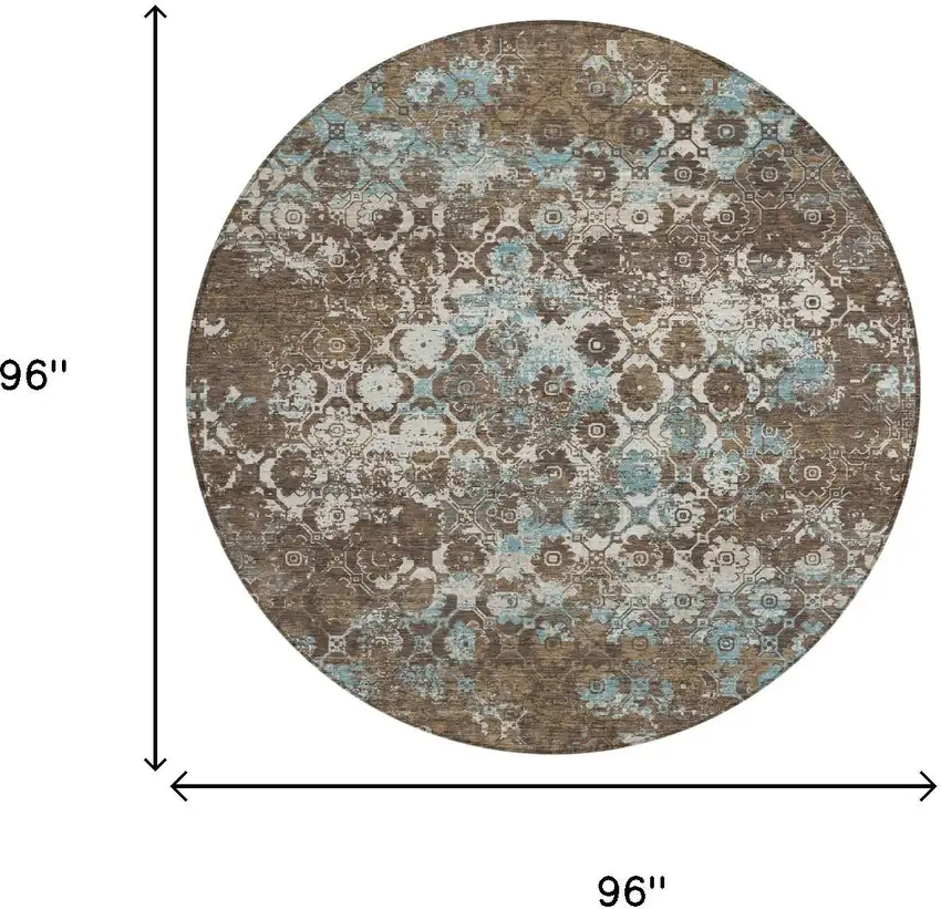 8' Brown And Coffee Round Floral Medallion Washable Indoor Outdoor Area Rug Photo 5