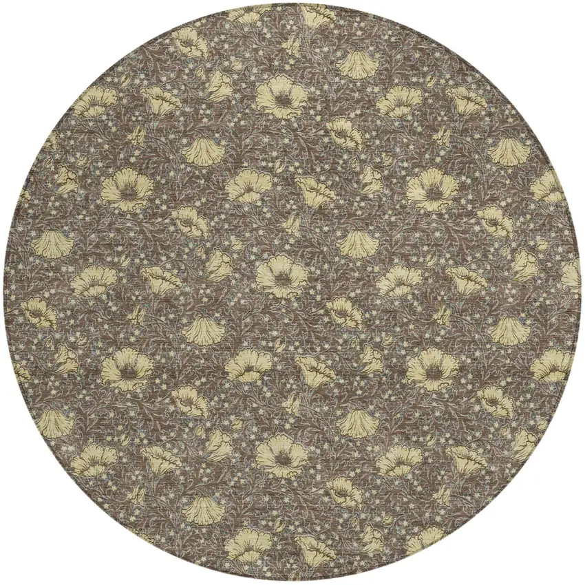 8' Brown And Coffee Round Floral Washable Indoor Outdoor Area Rug Photo 2