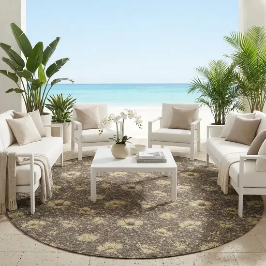 8' Brown And Coffee Round Floral Washable Indoor Outdoor Area Rug Photo 1