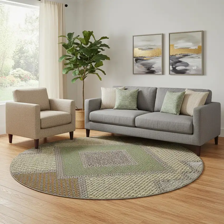 8' Brown And Copper Geometric Washable Round Rug With UV Protection Photo 2