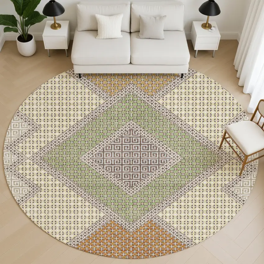 8' Brown And Copper Geometric Washable Round Rug With UV Protection Photo 5