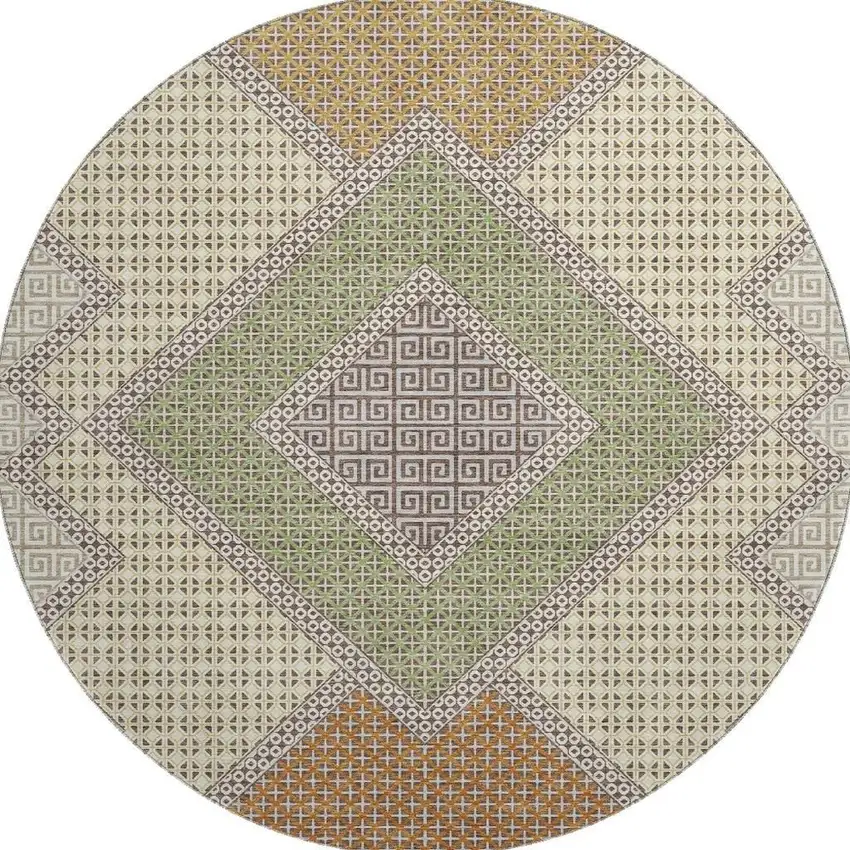 8' Brown And Copper Geometric Washable Round Rug With UV Protection Photo 4