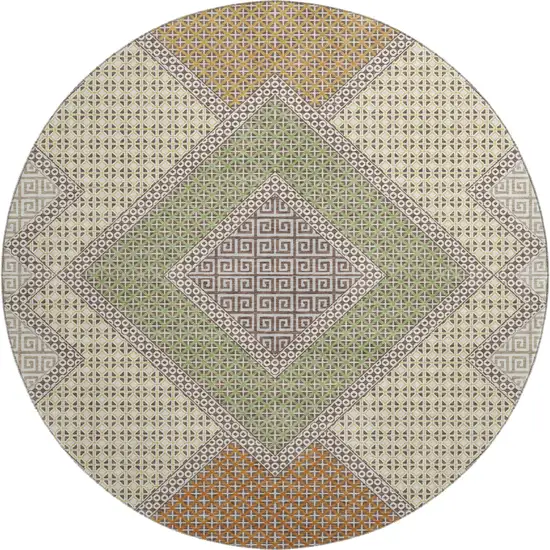 8' Brown And Copper Geometric Washable Round Rug With UV Protection Photo 1