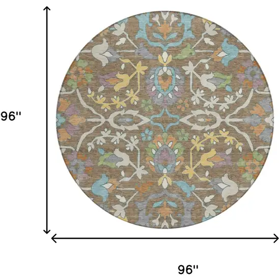8' Brown And Copper Round Floral Washable Indoor Outdoor Area Rug Photo 6