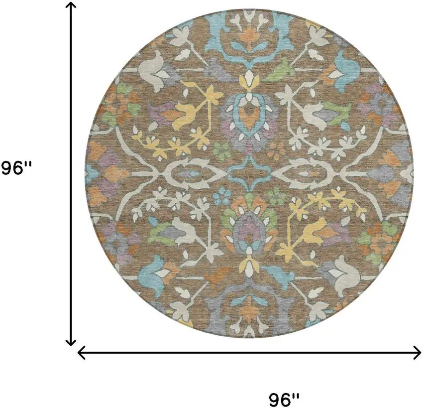 8' Brown And Copper Round Floral Washable Indoor Outdoor Area Rug Photo 6