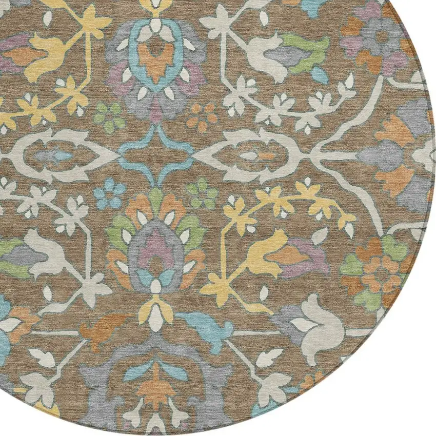 8' Brown And Copper Round Floral Washable Indoor Outdoor Area Rug Photo 2