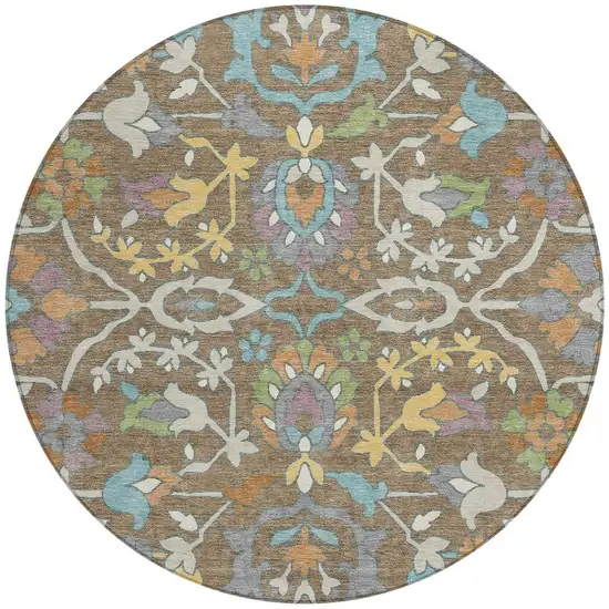 8' Brown And Copper Round Floral Washable Indoor Outdoor Area Rug Photo 3