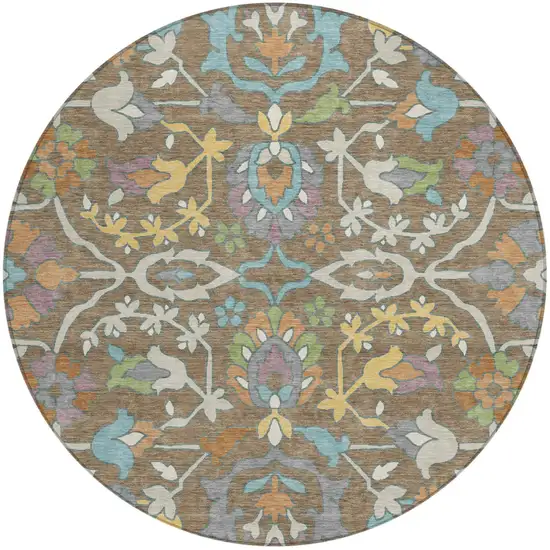 8' Brown And Copper Round Floral Washable Indoor Outdoor Area Rug Photo 1