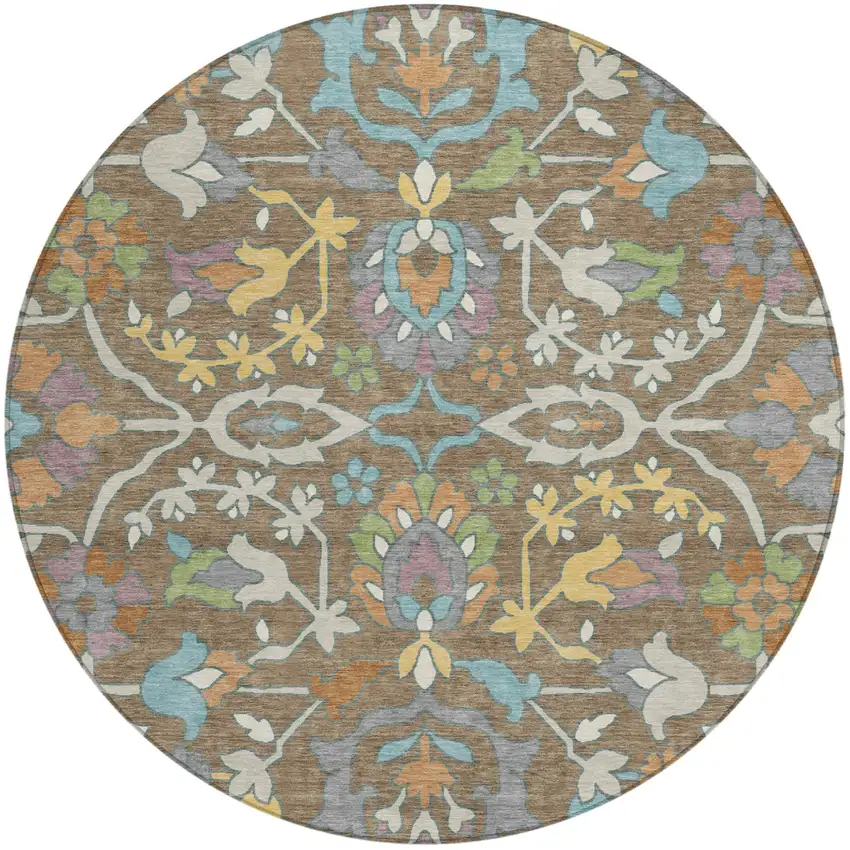 8' Brown And Copper Round Floral Washable Indoor Outdoor Area Rug Photo 1