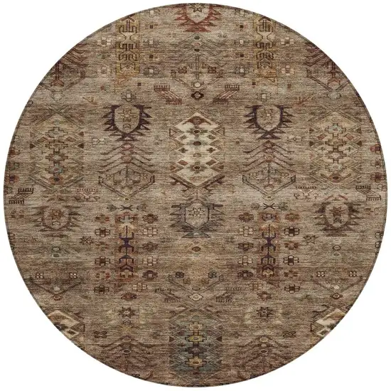 8' Brown And Copper Round Tribal Washable Indoor Outdoor Area Rug Photo 3