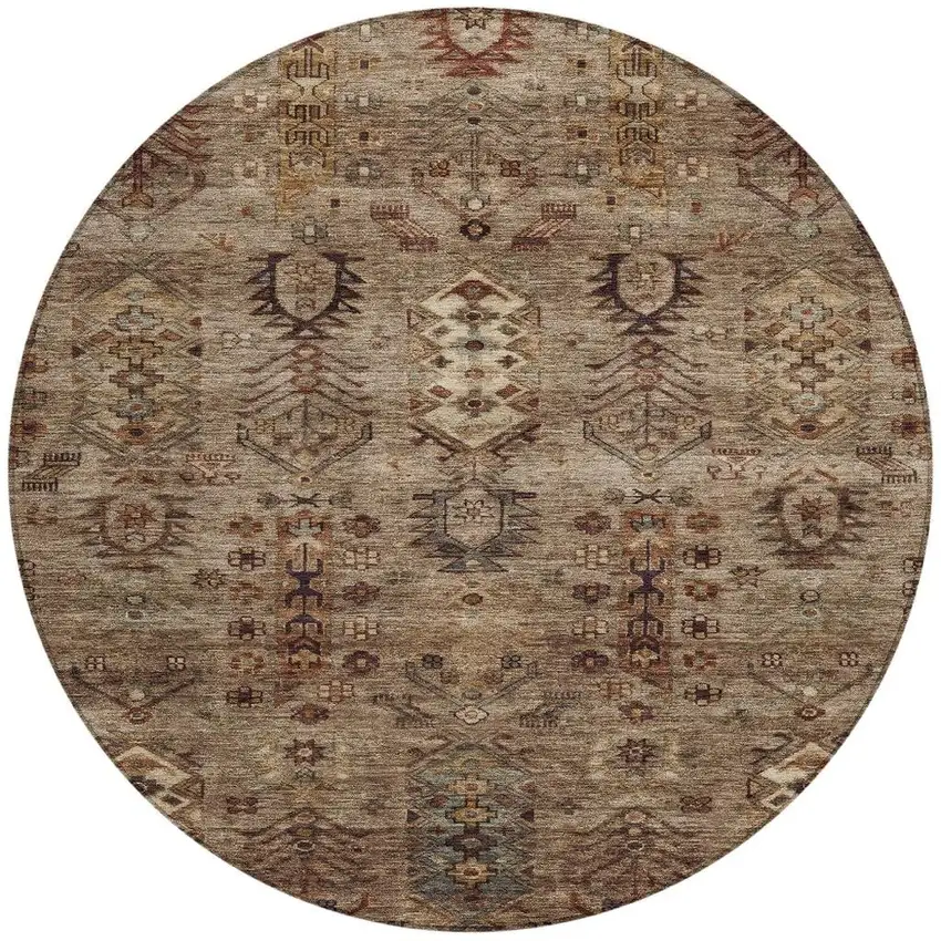 8' Brown And Copper Round Tribal Washable Indoor Outdoor Area Rug Photo 3