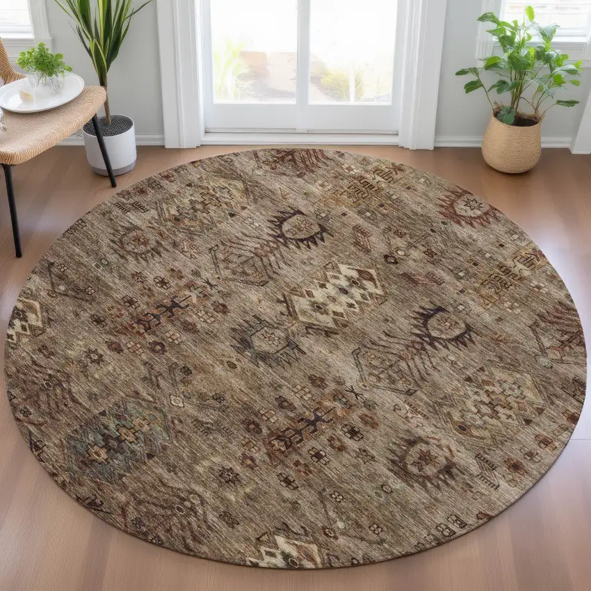 8' Brown And Copper Round Tribal Washable Indoor Outdoor Area Rug Photo 7