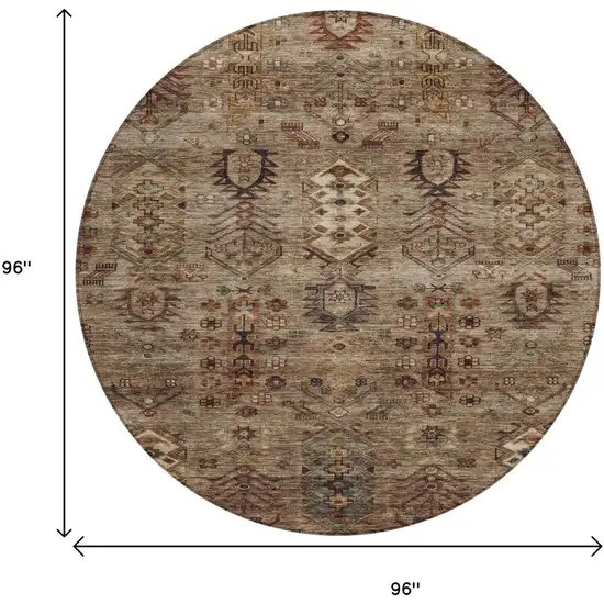 8' Brown And Copper Round Tribal Washable Indoor Outdoor Area Rug Photo 9