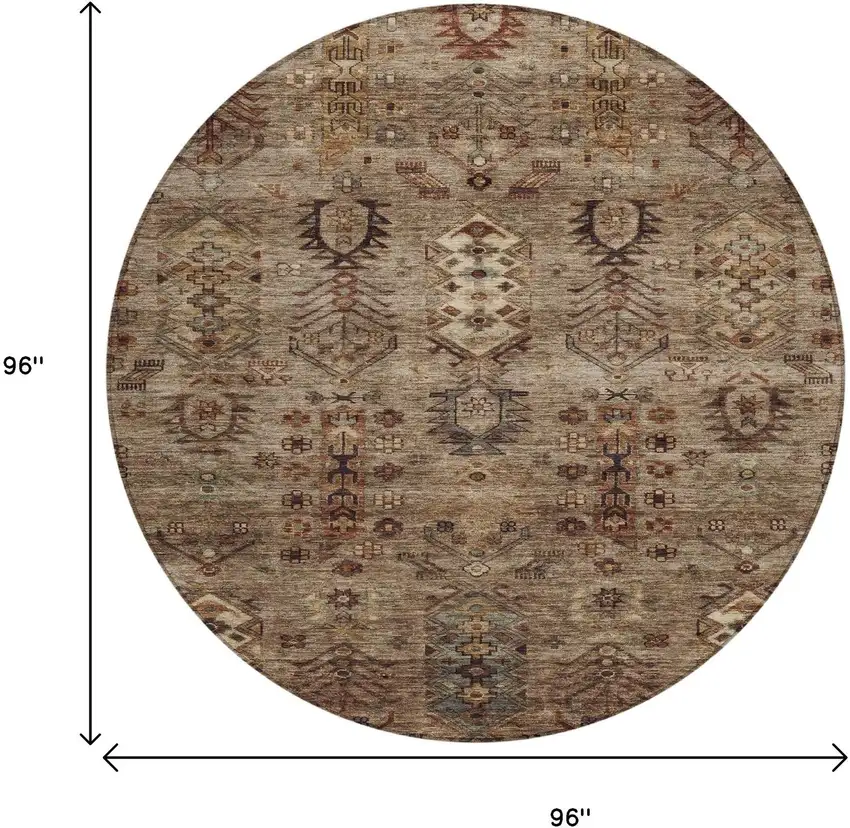 8' Brown And Copper Round Tribal Washable Indoor Outdoor Area Rug Photo 9