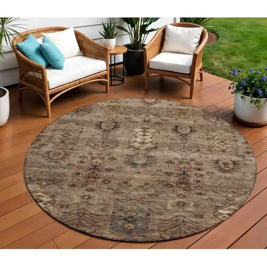 8' Brown And Copper Round Tribal Washable Indoor Outdoor Area Rug Photo 2