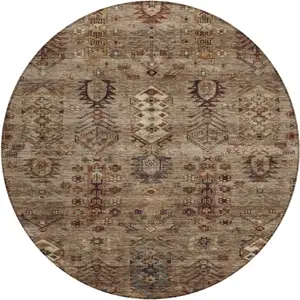 Photo of 8' Brown And Copper Round Tribal Washable Indoor Outdoor Area Rug