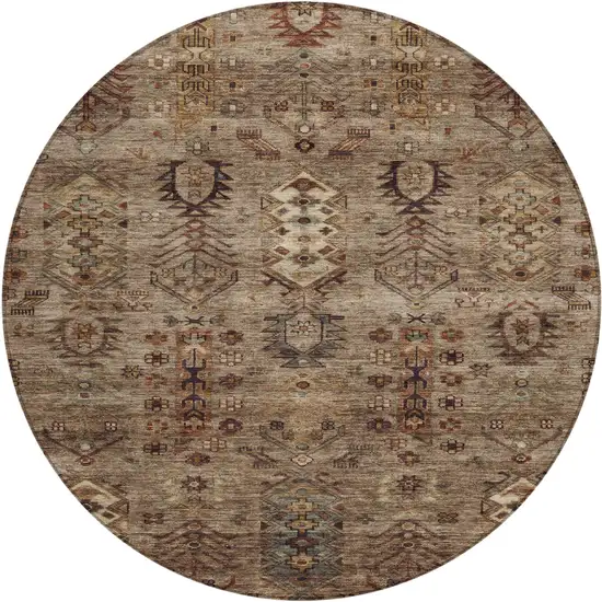 8' Brown And Copper Round Tribal Washable Indoor Outdoor Area Rug Photo 1