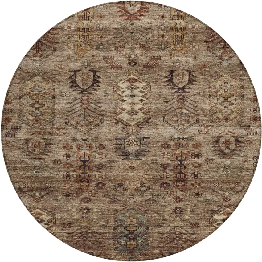 8' Brown And Copper Round Tribal Washable Indoor Outdoor Area Rug Photo 1