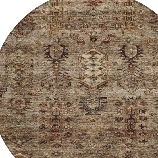 8' Brown And Copper Round Tribal Washable Indoor Outdoor Area Rug Photo 9