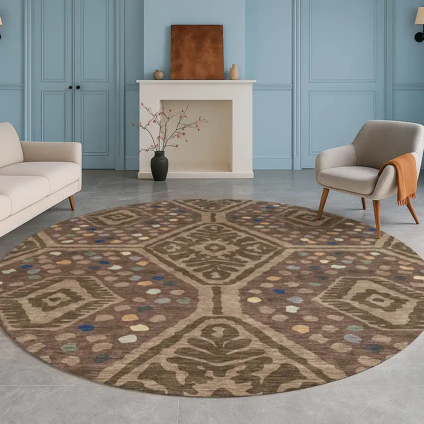 8' Brown And Copper Round Tribal Washable Indoor Outdoor Area Rug Photo 5