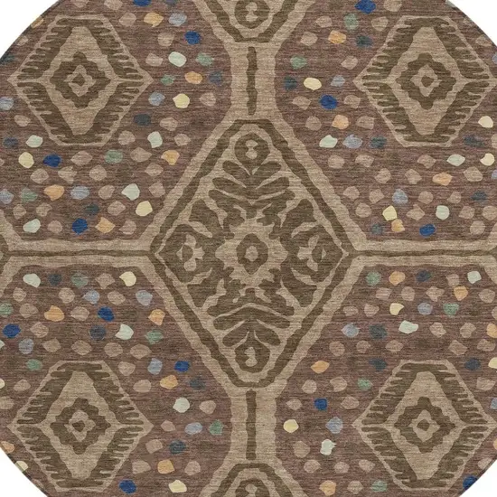 8' Brown And Copper Round Tribal Washable Indoor Outdoor Area Rug Photo 2