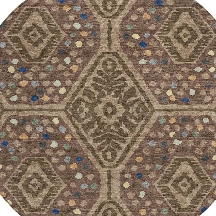8' Brown And Copper Round Tribal Washable Indoor Outdoor Area Rug Photo 2