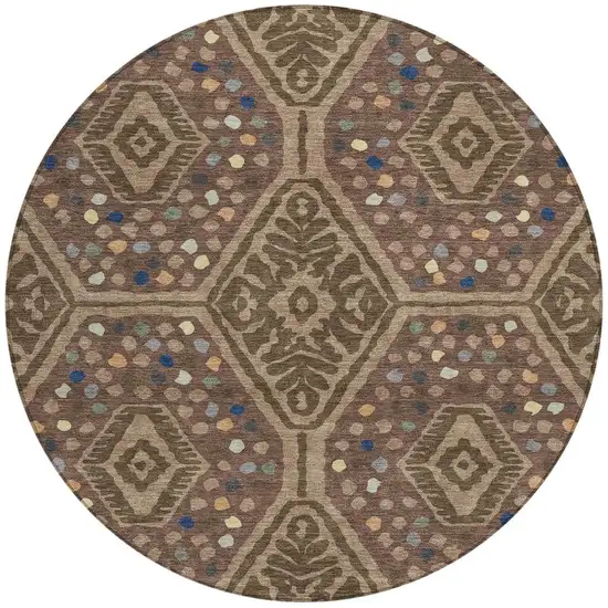 8' Brown And Copper Round Tribal Washable Indoor Outdoor Area Rug Photo 3