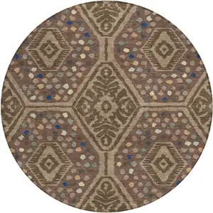 Photo of 8' Brown And Copper Round Tribal Washable Indoor Outdoor Area Rug
