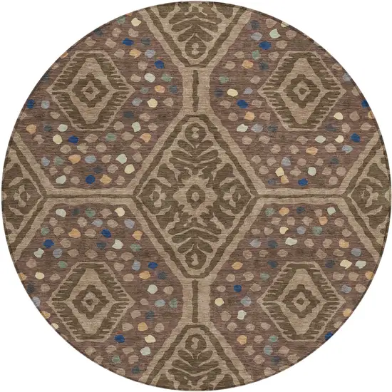 8' Brown And Copper Round Tribal Washable Indoor Outdoor Area Rug Photo 1