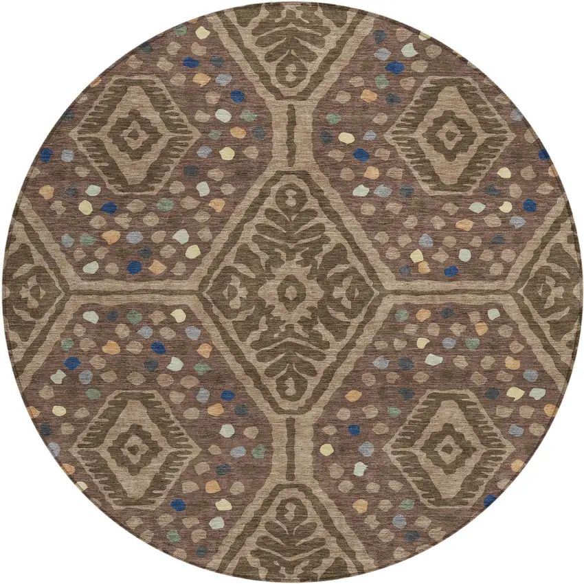 8' Brown And Copper Round Tribal Washable Indoor Outdoor Area Rug Photo 1