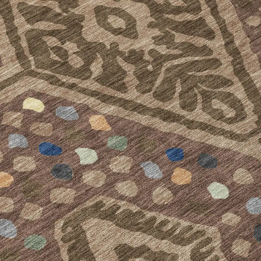 8' Brown And Copper Round Tribal Washable Indoor Outdoor Area Rug Photo 7