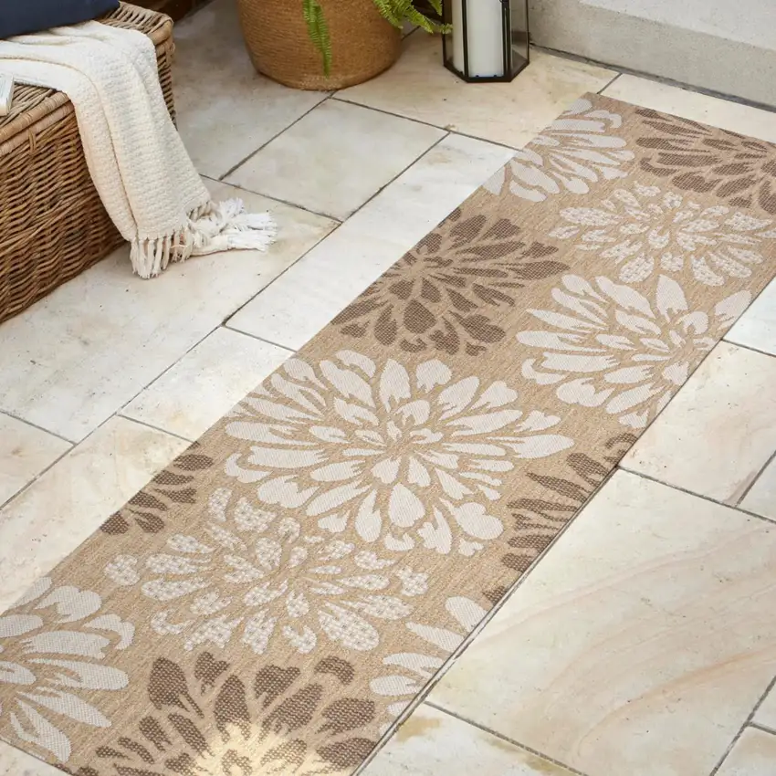 10' Brown And Cream Floral Indoor Outdoor Runner Rug Photo 3