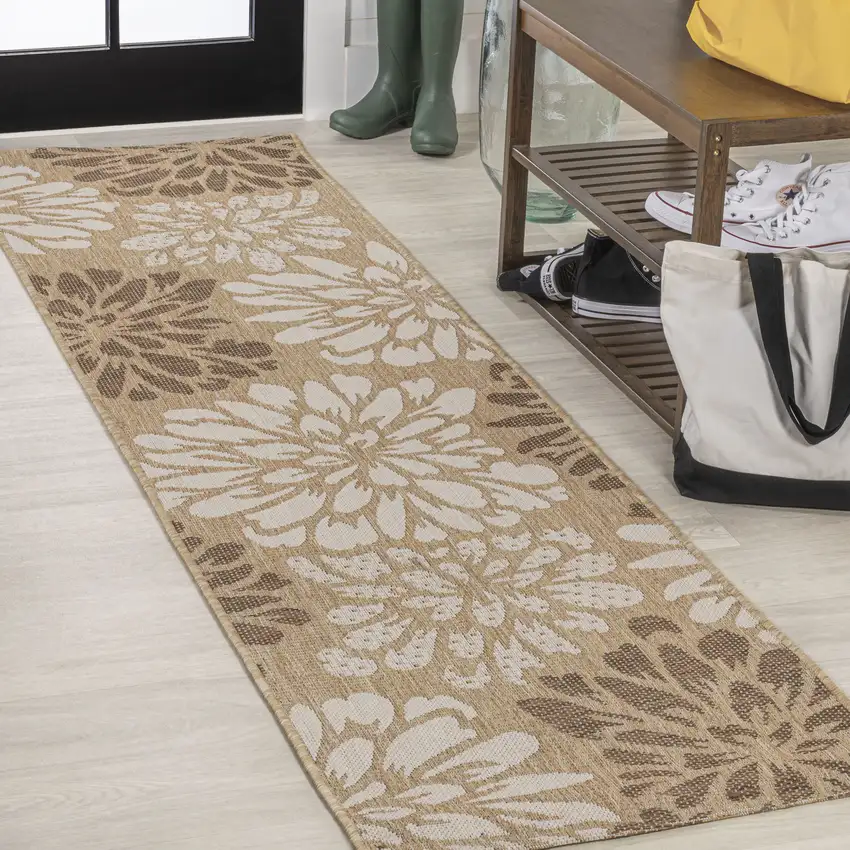 10' Brown And Cream Floral Indoor Outdoor Runner Rug Photo 2