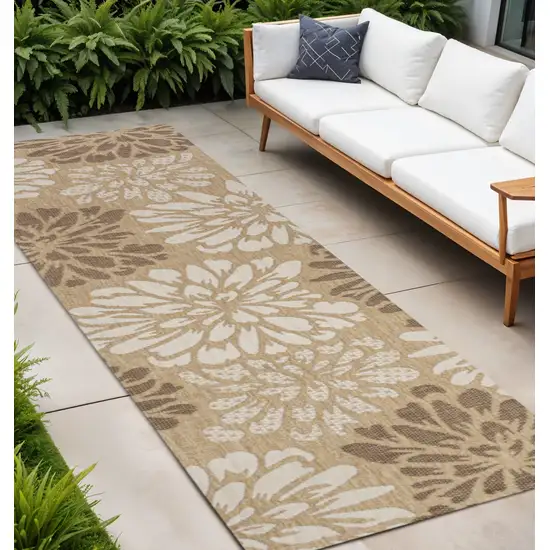 10' Brown And Cream Floral Indoor Outdoor Runner Rug Photo 1