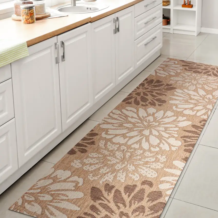 10' Brown And Cream Floral Indoor Outdoor Runner Rug Photo 4