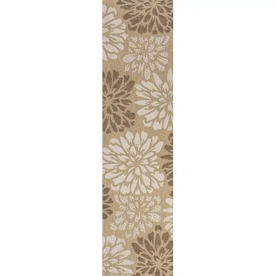 10' Brown And Cream Floral Indoor Outdoor Runner Rug Photo 1