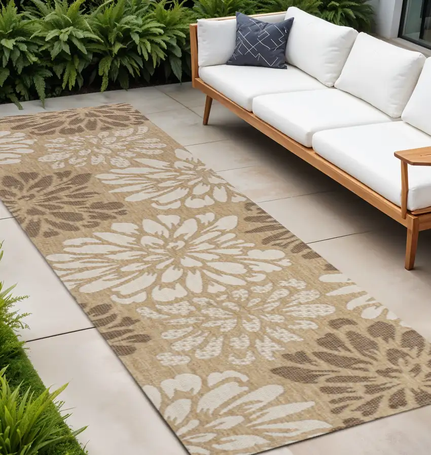 8' Brown And Cream Floral Indoor Outdoor Runner Rug Photo 1