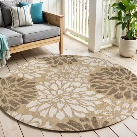 5' Brown And Cream Round Floral Indoor Outdoor Area Rug Photo 1