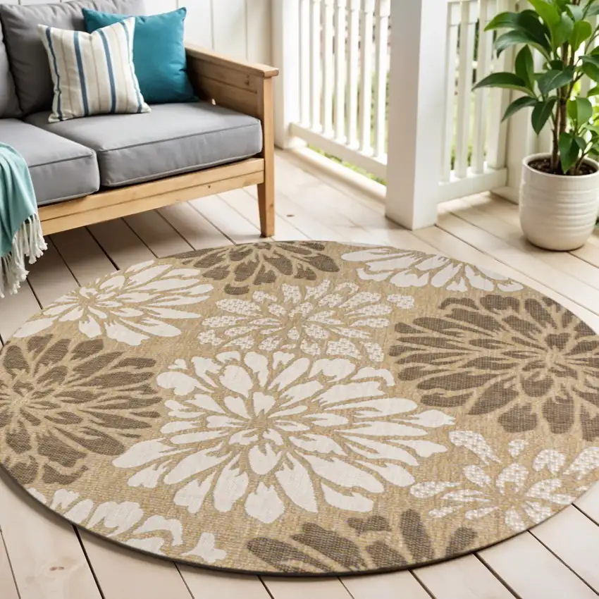 5' Brown And Cream Round Floral Indoor Outdoor Area Rug Photo 1