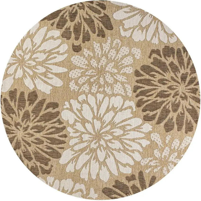 5' Brown And Cream Round Floral Indoor Outdoor Area Rug Photo 3