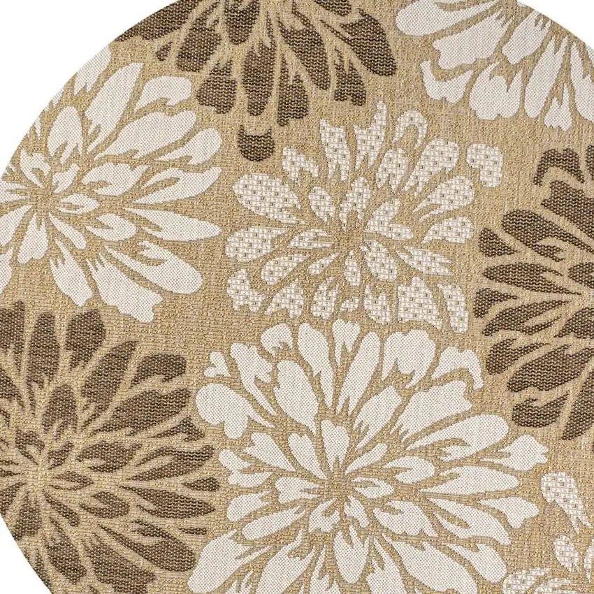 5' Brown And Cream Round Floral Indoor Outdoor Area Rug Photo 2