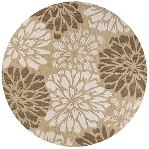 Photo of 6' Brown And Cream Round Floral Indoor Outdoor Area Rug