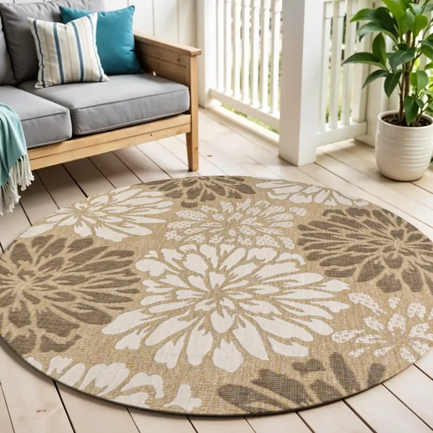 6' Brown And Cream Round Floral Indoor Outdoor Area Rug Photo 1
