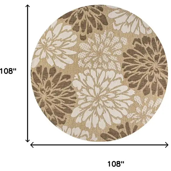 9' Brown And Cream Round Floral Indoor Outdoor Area Rug Photo 9