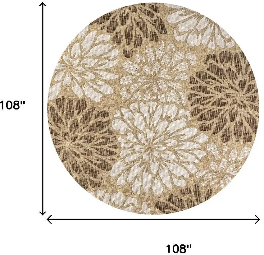 9' Brown And Cream Round Floral Indoor Outdoor Area Rug Photo 9